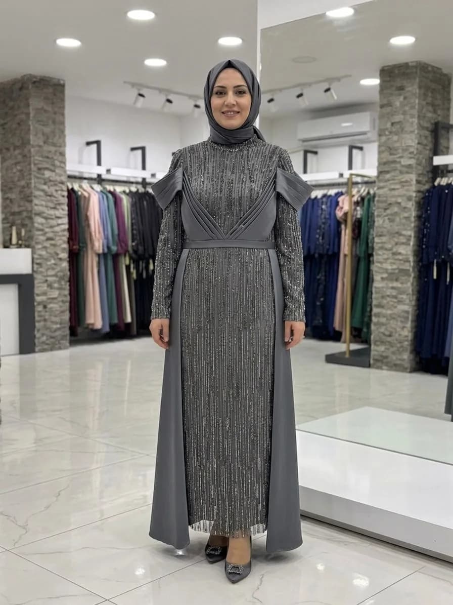 PELRİNLİ DRAPELİ ABİYE ELBİSE