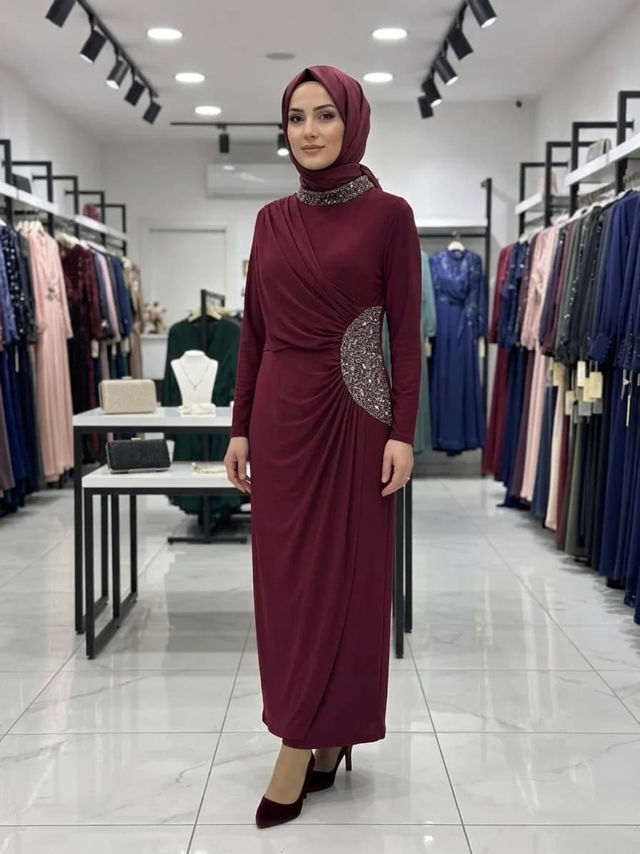 DRAPE TAŞ DETAYLI ELBİSE