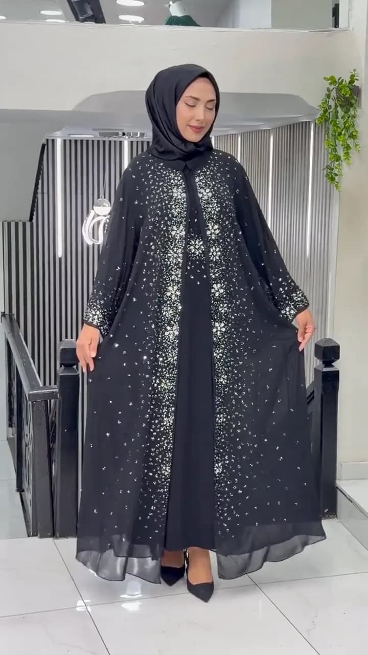 TAŞ BASKILI ŞİFON ABAYA TAKIM