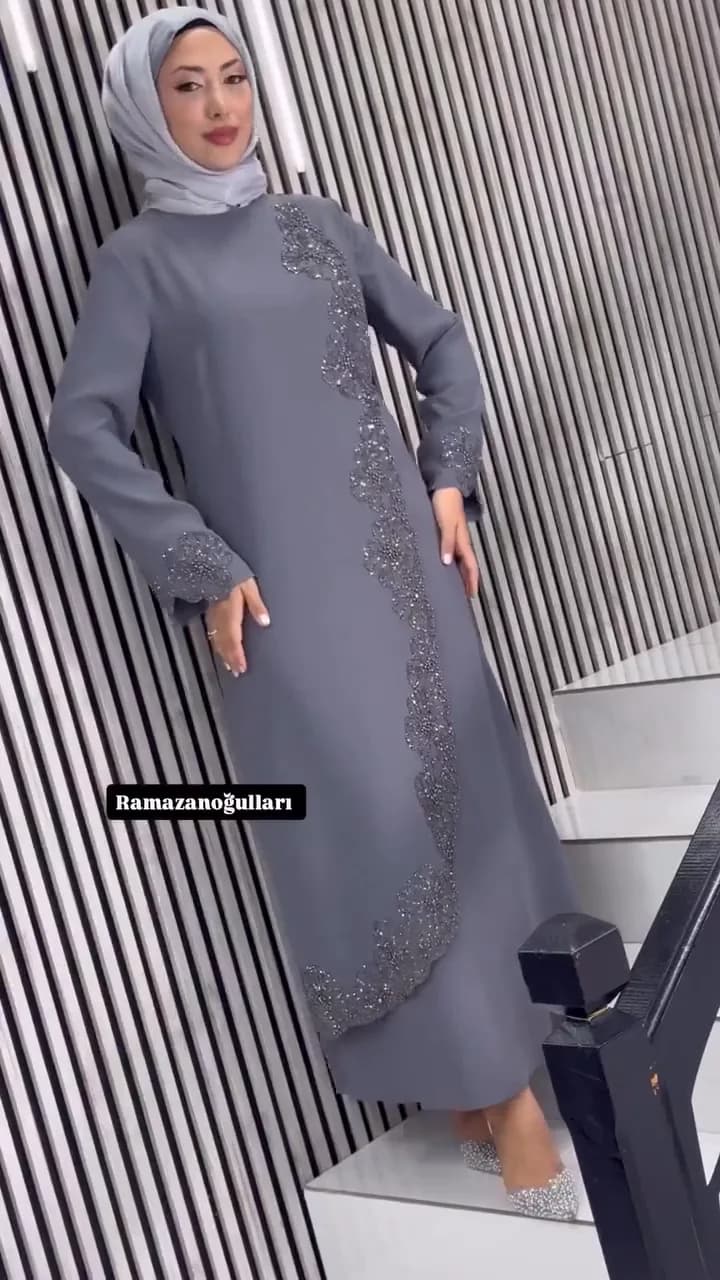 LAZERLİ TAŞLI KREP ELBİSE