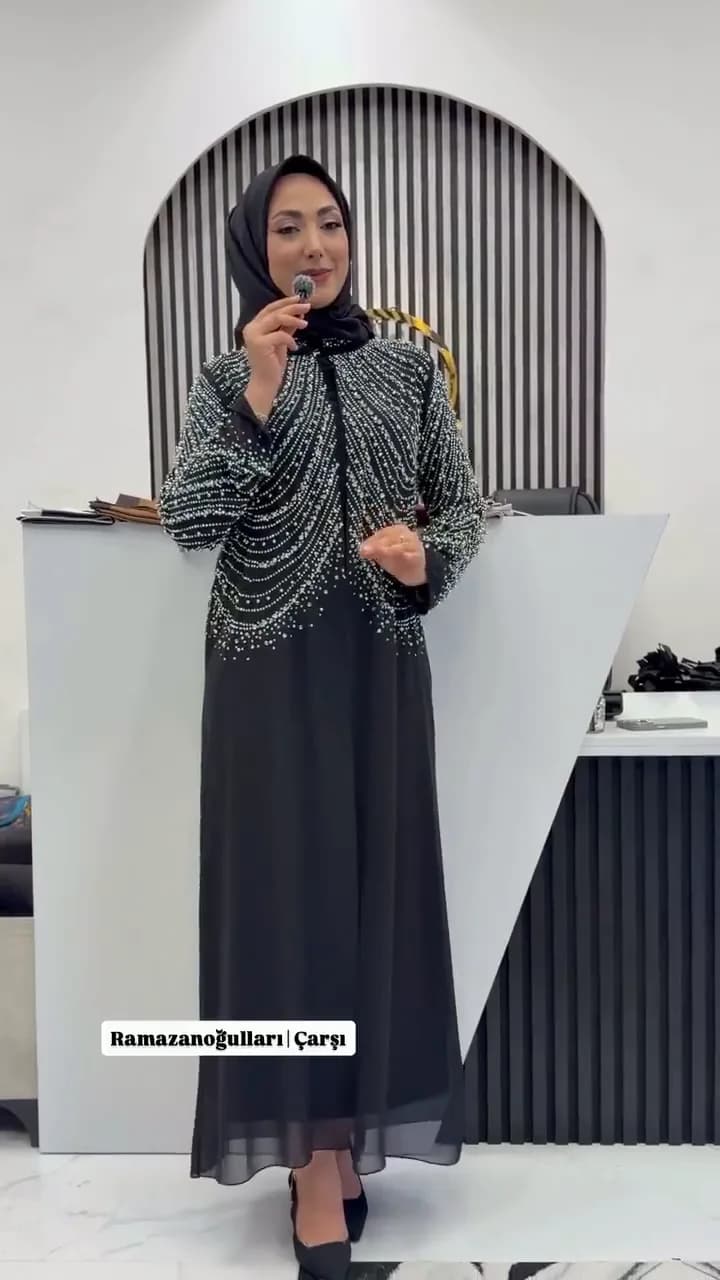 İNCİLİ ŞİFON ABAYA TAKIM